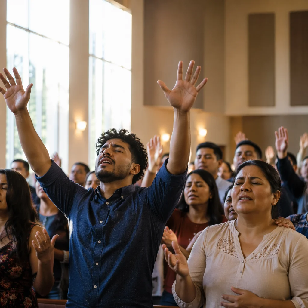 Latino Congregation Singing with Raised Hands