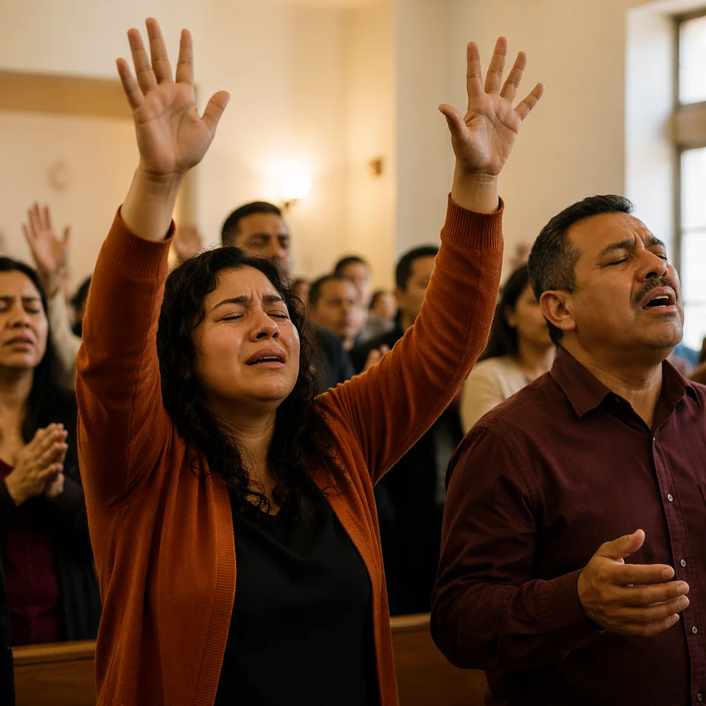 Latino Congregation Raising Hands in Worship