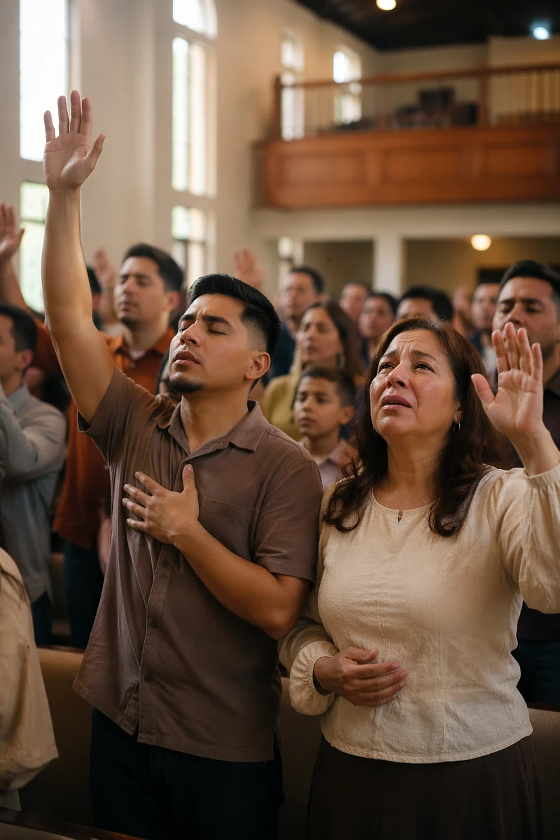 Latino Congregation with Raised Hands in Church