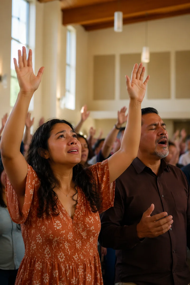 Latino Congregation Raising Hands in Worship