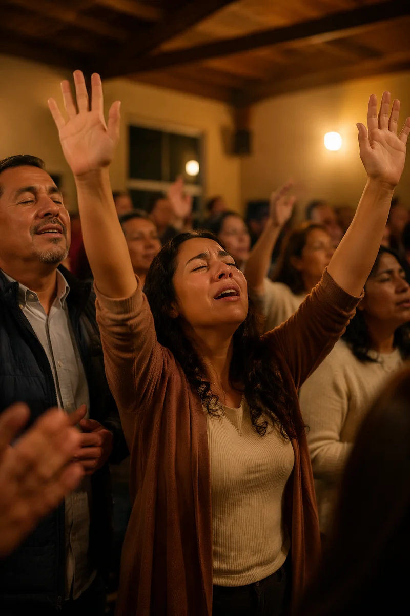 Latino Congregation Singing with Raised Hands