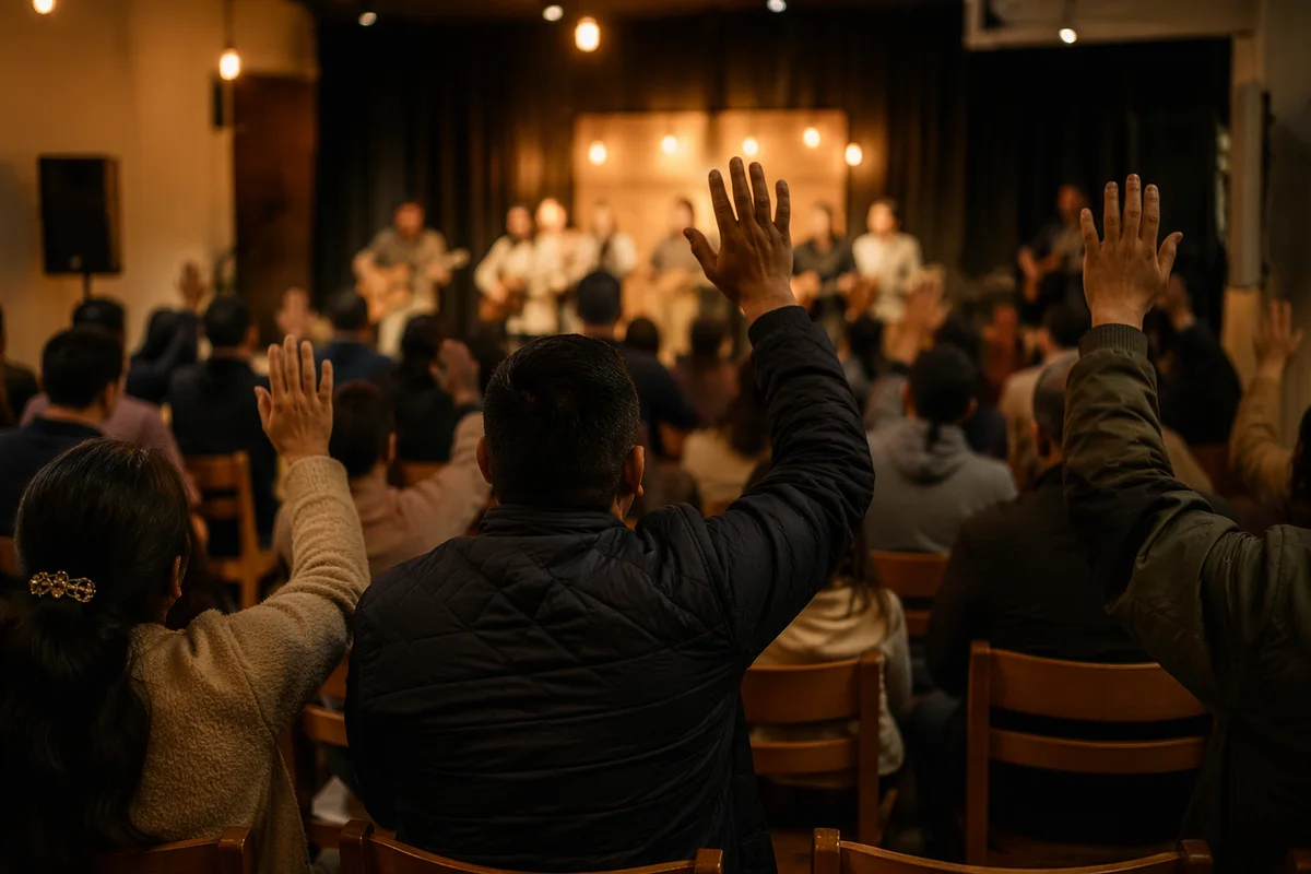 Raised Hands in Warm Worship Gathering