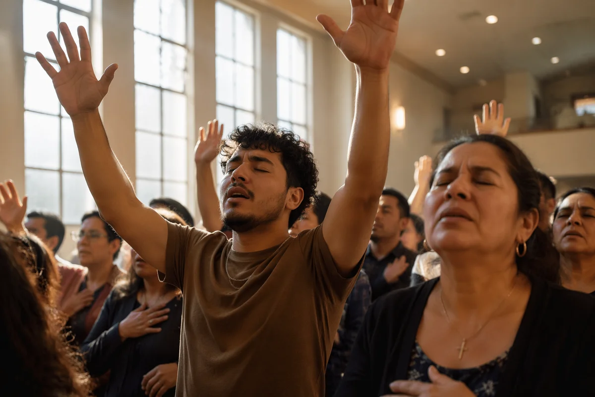 Latino Congregation Raising Hands in Worship