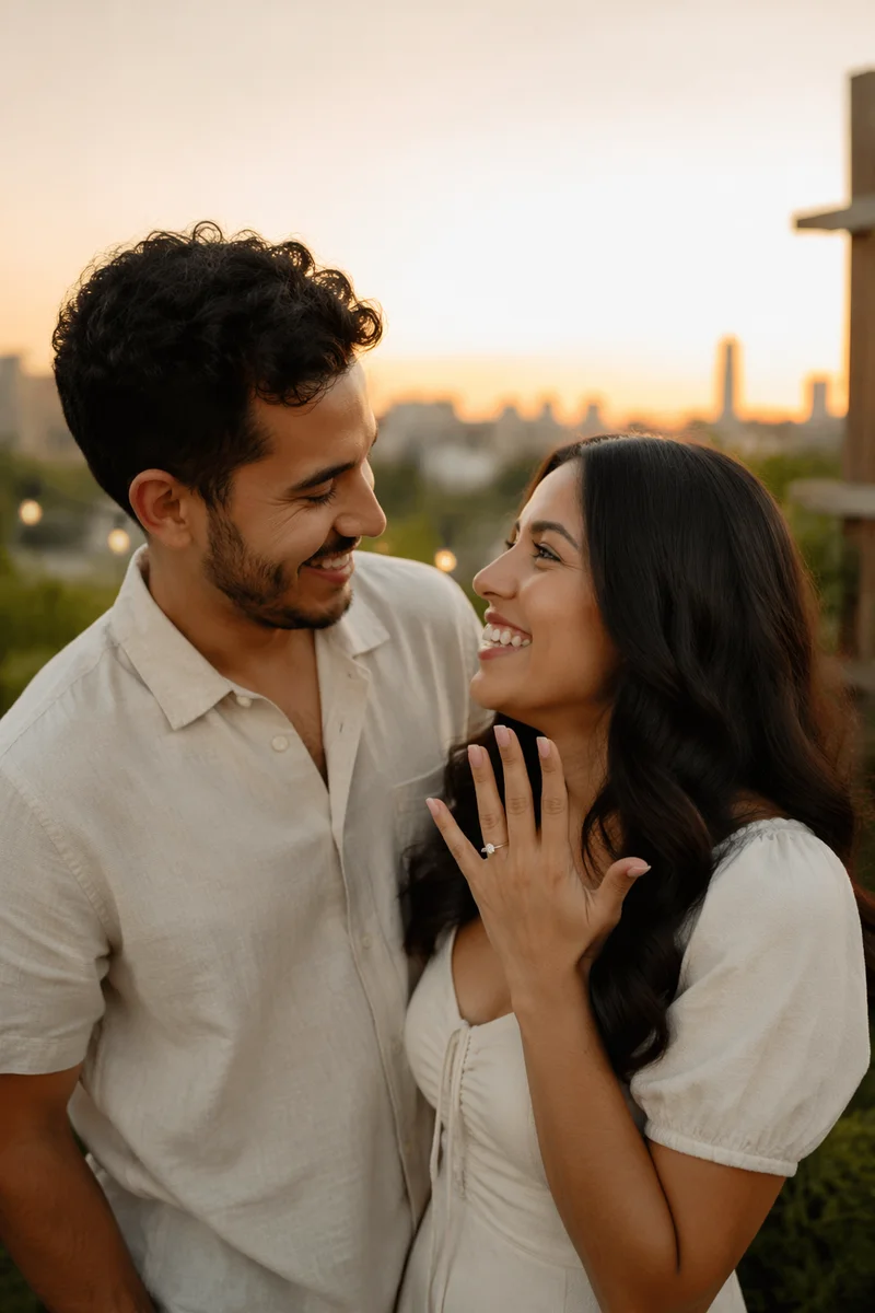 Joyful Young Couple Showing Engagement Ring