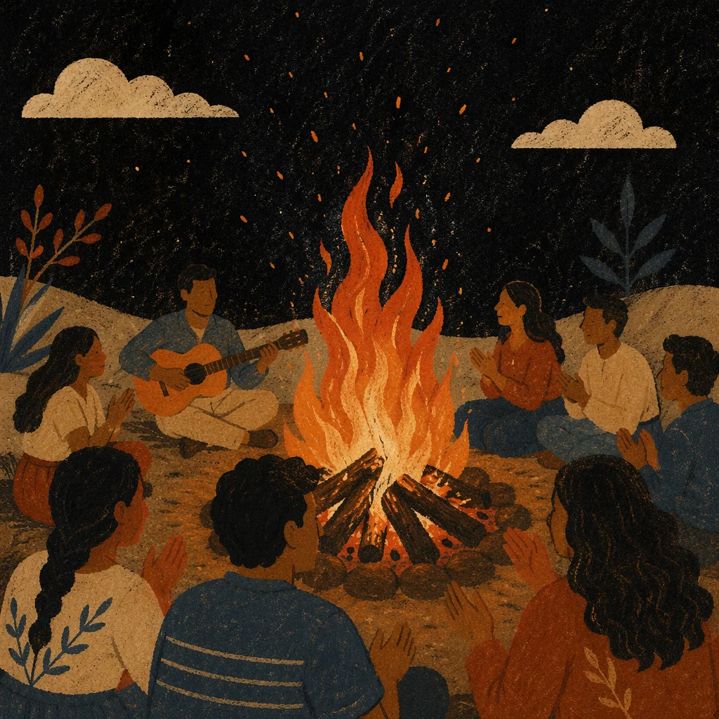 Young Adults Around Campfire at Night