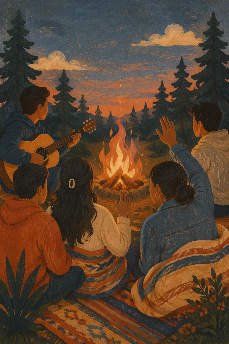 Youth Group Around Campfire at Dusk