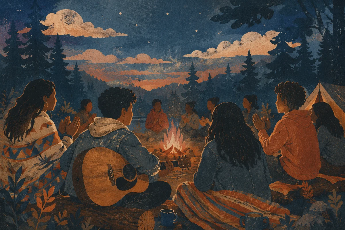 Youth Group Around Campfire With Guitar