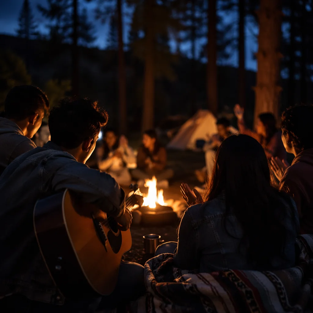 Youth Group Around Campfire at Twilight
