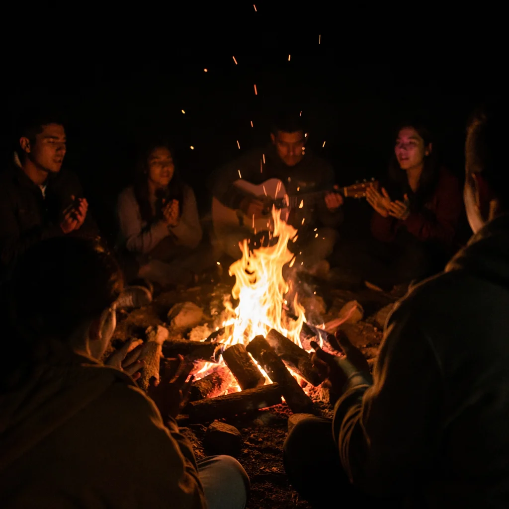Young Adults Around Campfire at Night