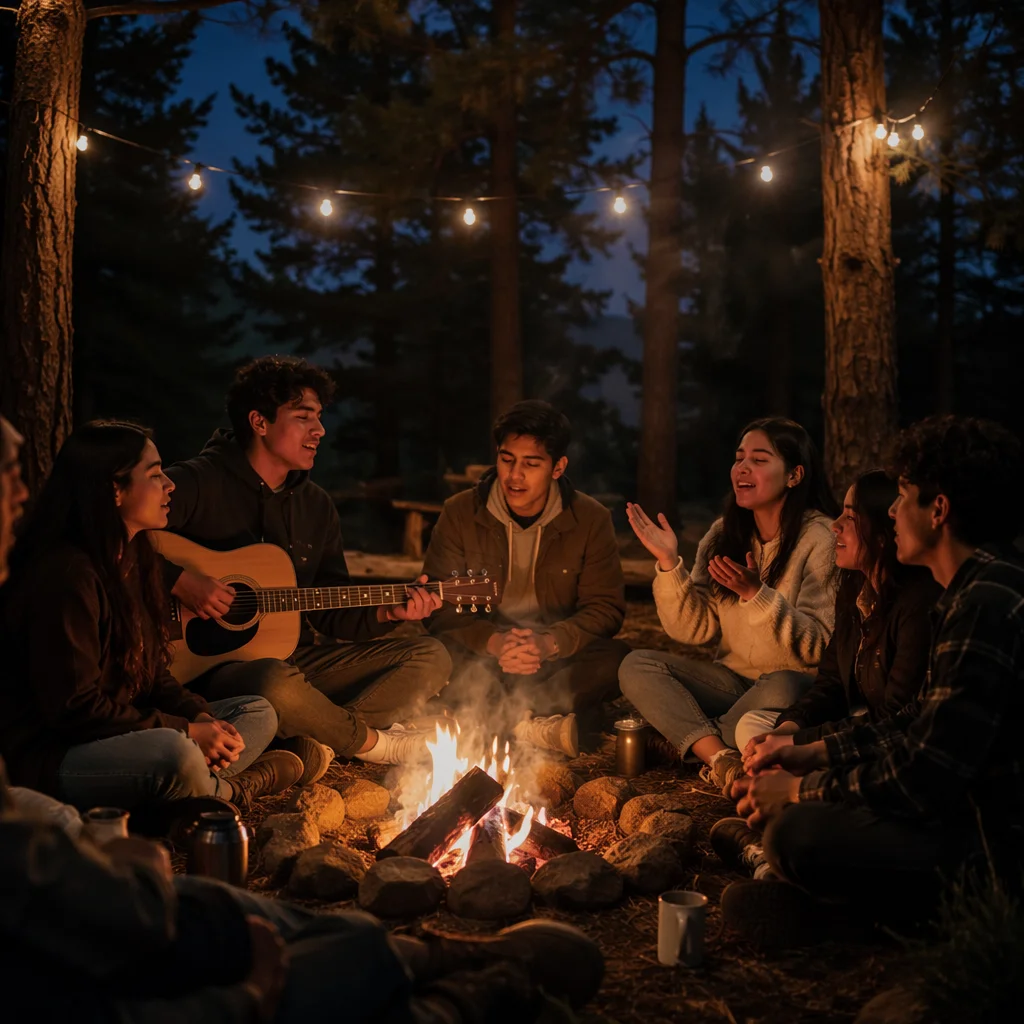 Latino Youth Singing Around Campfire