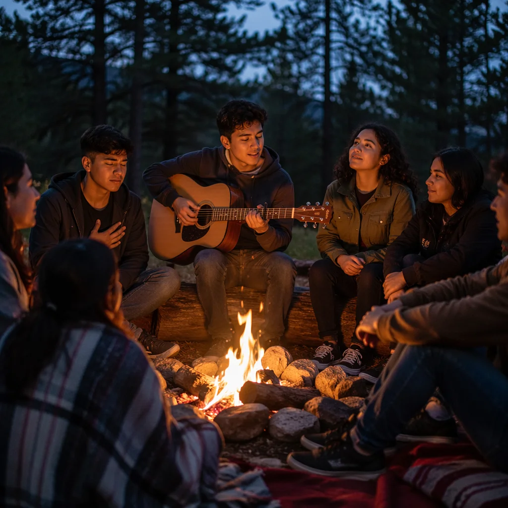 Latino Youth Singing Around Forest Campfire
