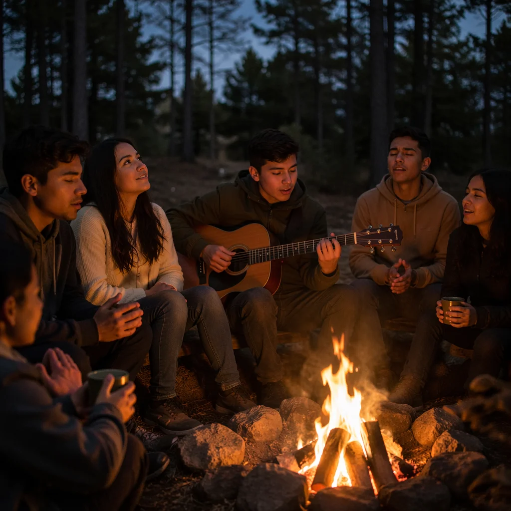 Latino Youth Singing Around Campfire