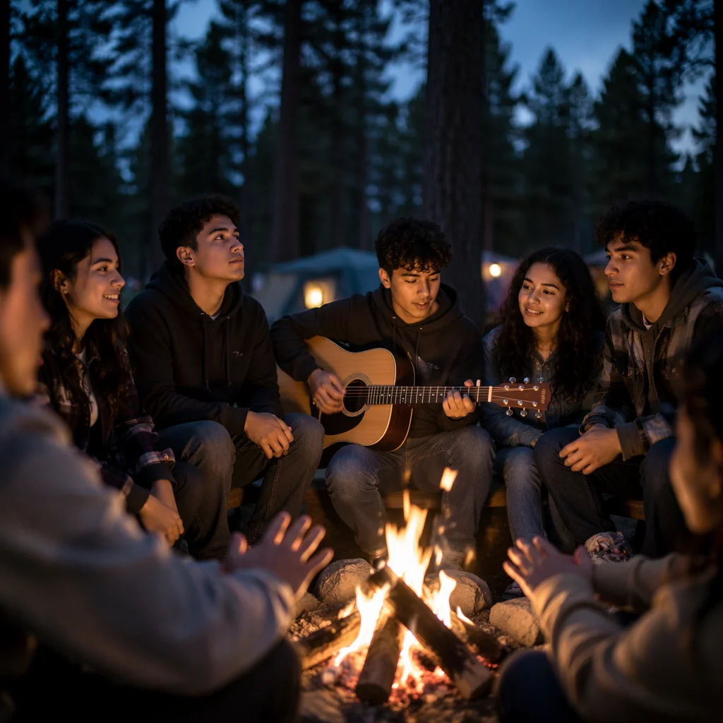 Latino Youth Around Campfire With Guitar