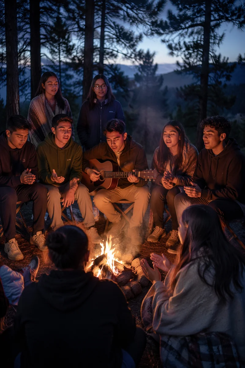 Latino Youth Singing by Campfire