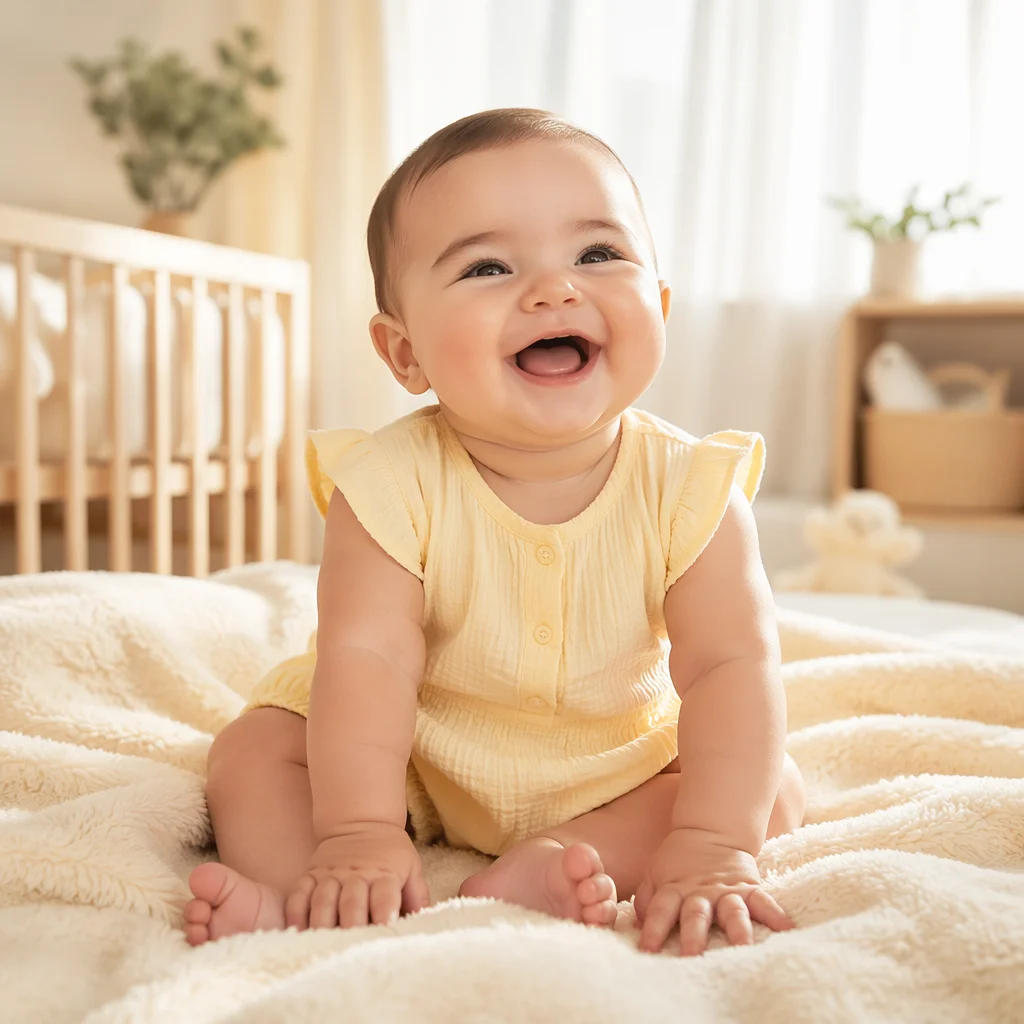 Laughing Baby in Sunlit Nursery Portrait