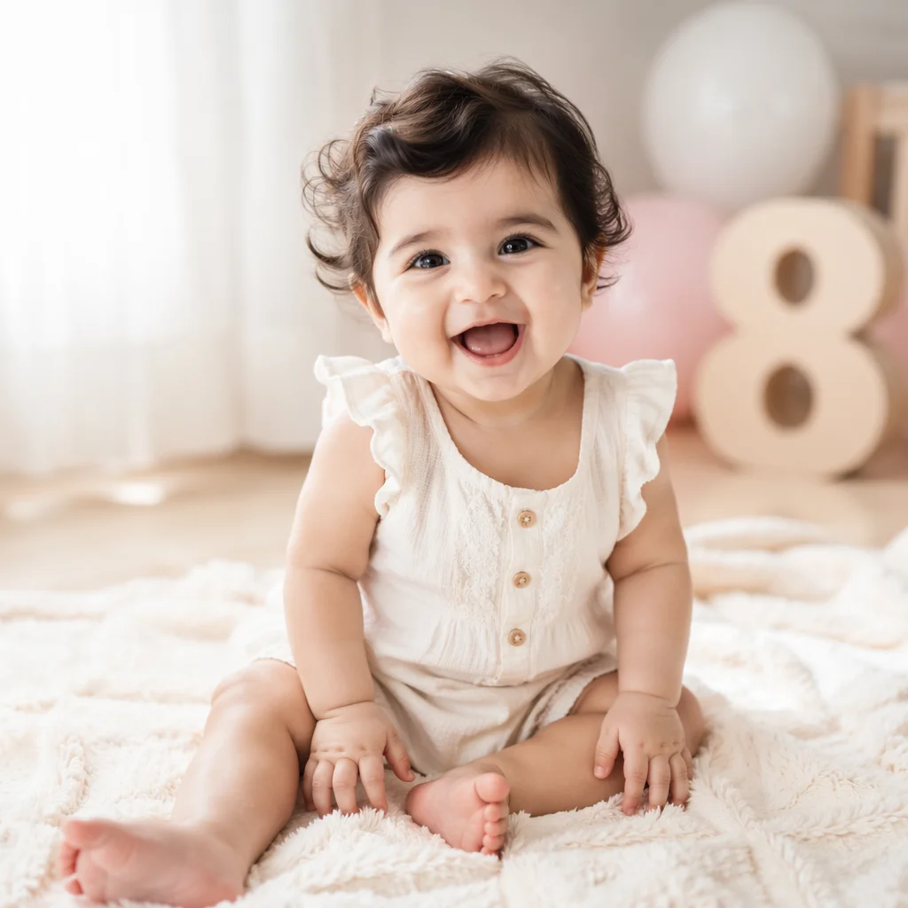 Laughing Baby on Cream Blanket Portrait