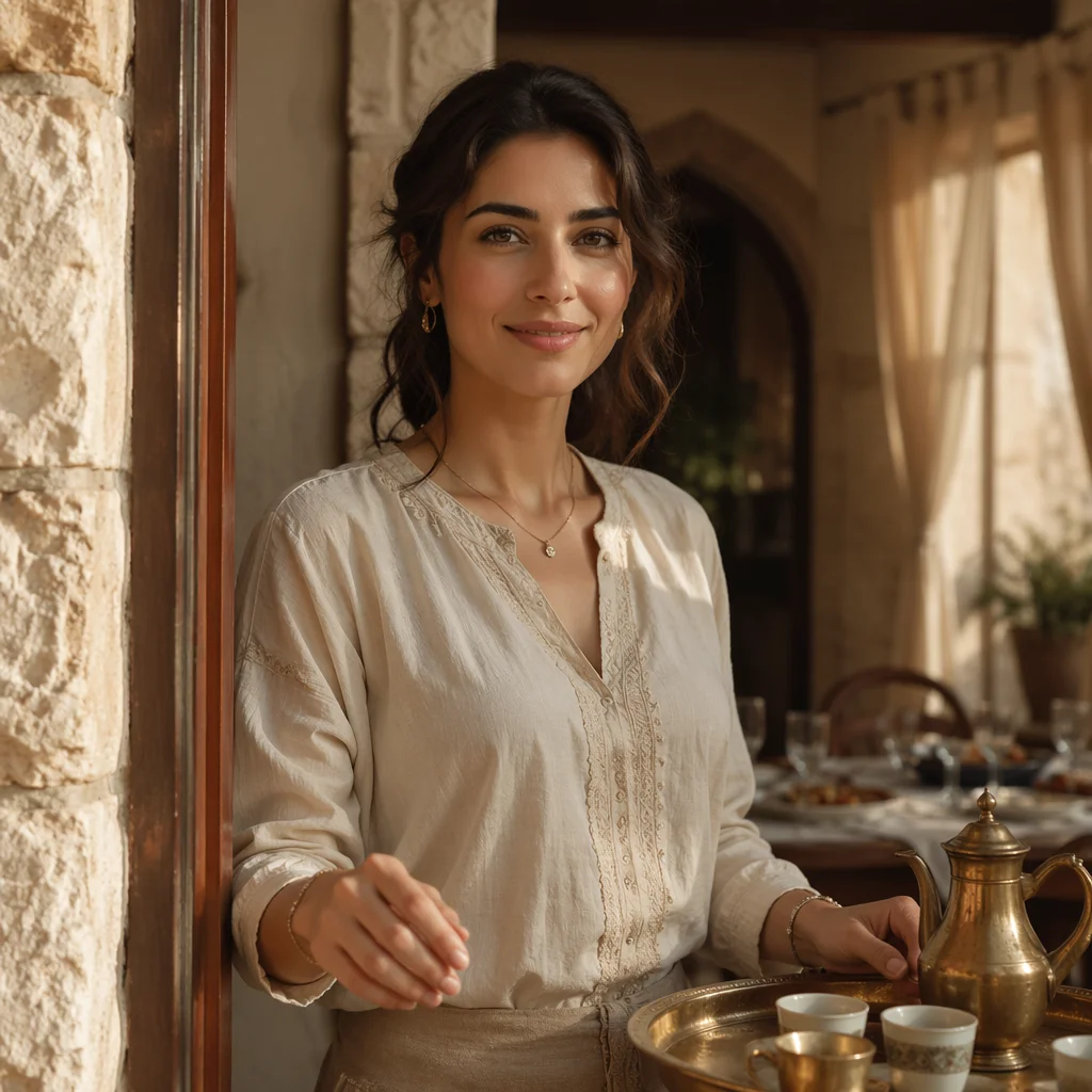 Welcoming Lebanese Woman in Sunlit Doorway
