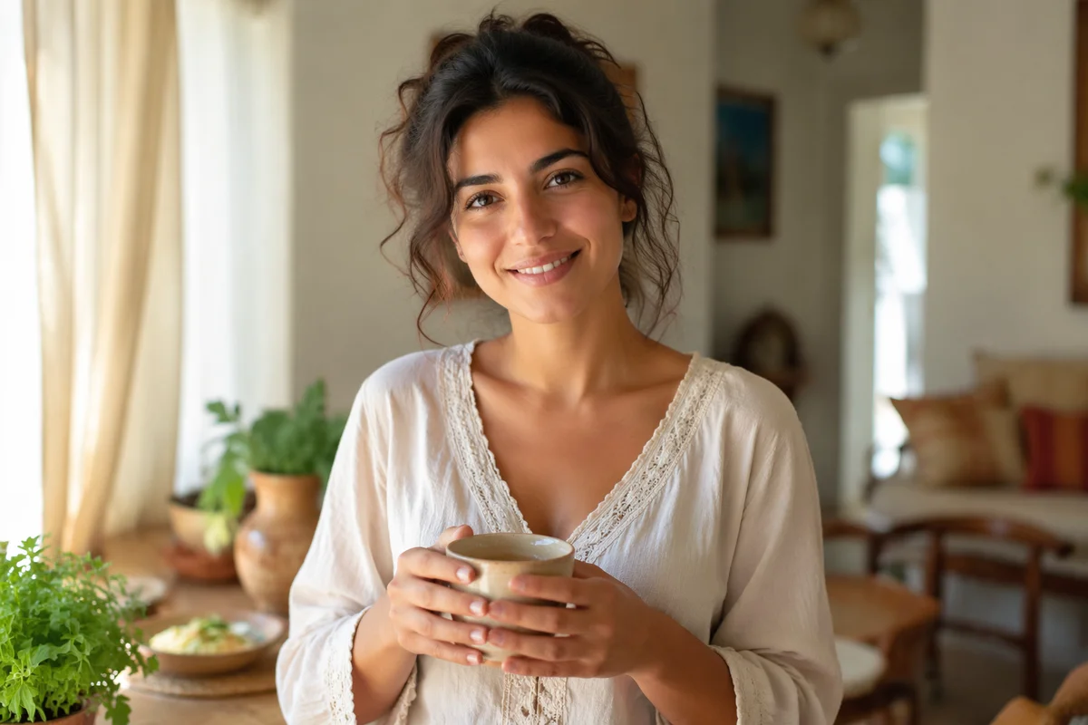 Welcoming Lebanese Woman Holding Ceramic Cup