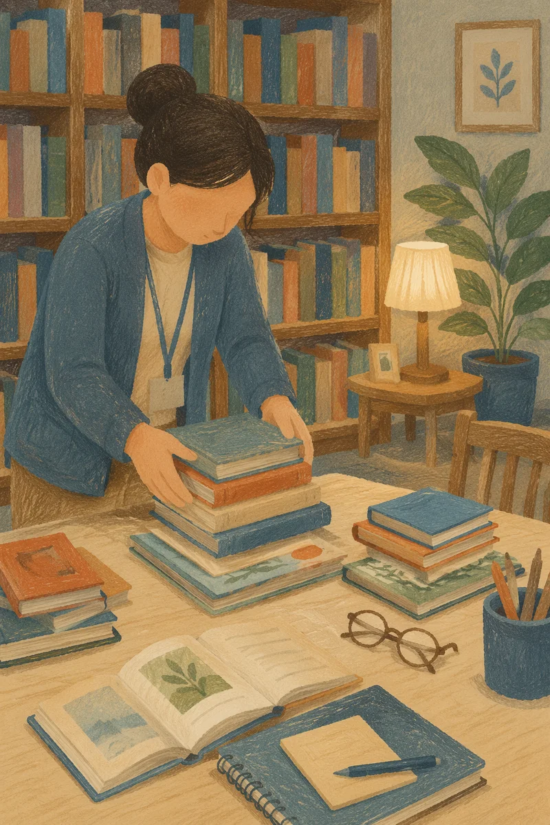 Quiet Librarian Organizing Books in Reading Room