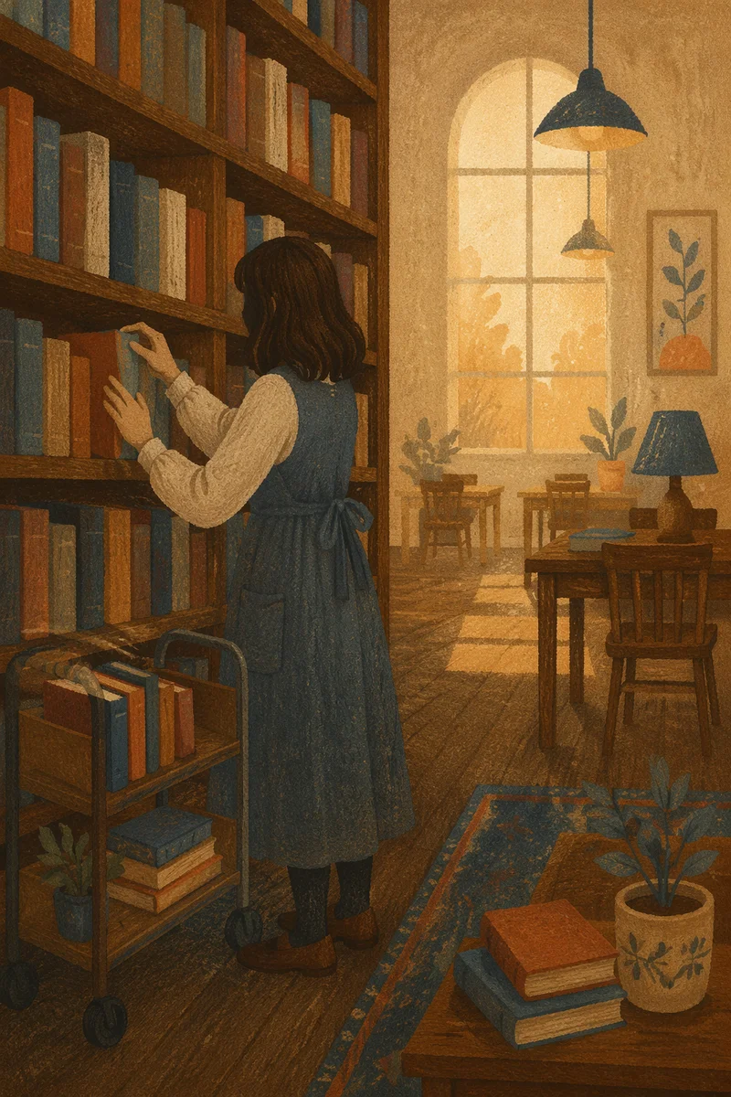 Quiet Librarian Arranging Books at Sunset