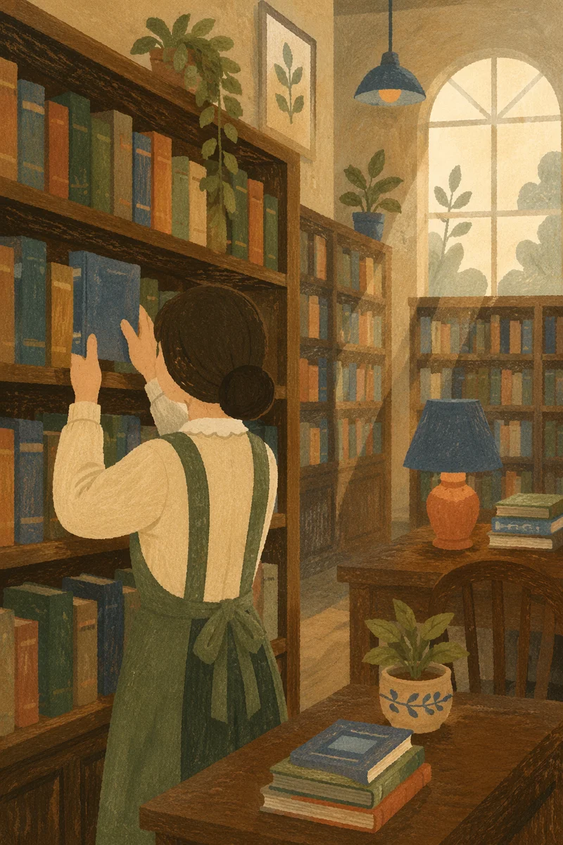 Quiet Librarian Organizing Books at Dawn