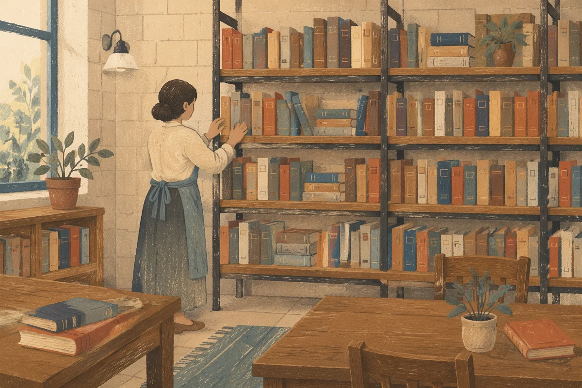 Quiet Librarian Organizing Books in Reading Room