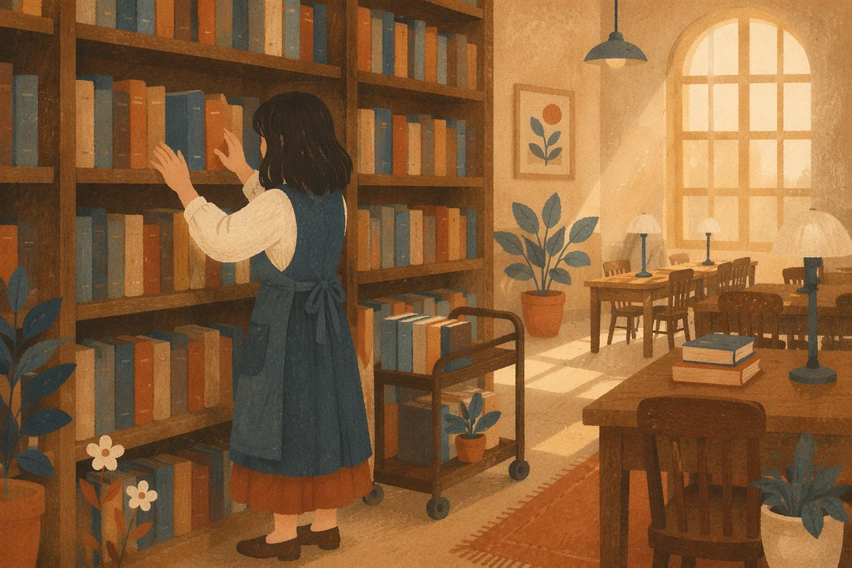 Quiet Librarian Arranging Books at Sunset