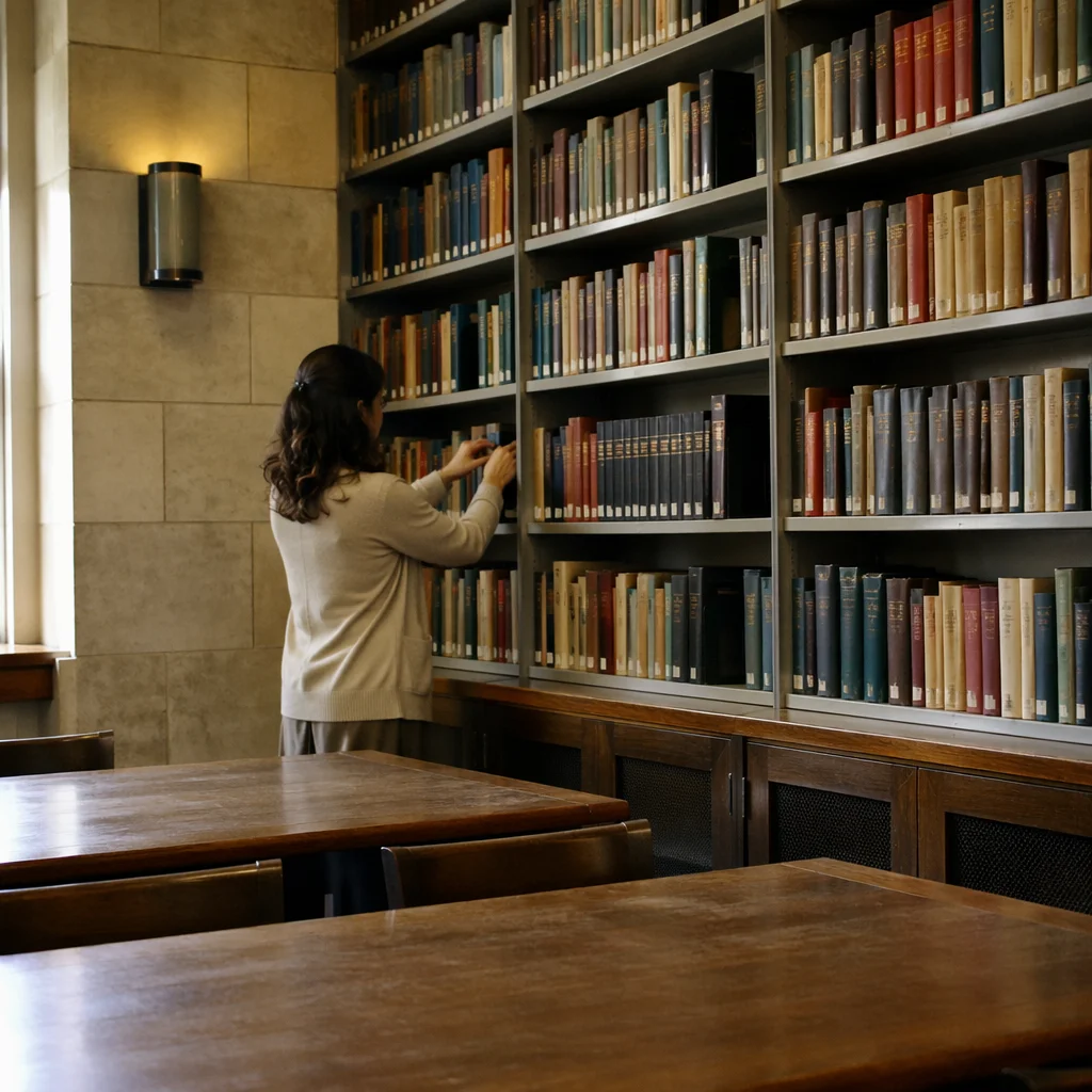 Librarian Organizing Books in Quiet Reading Room