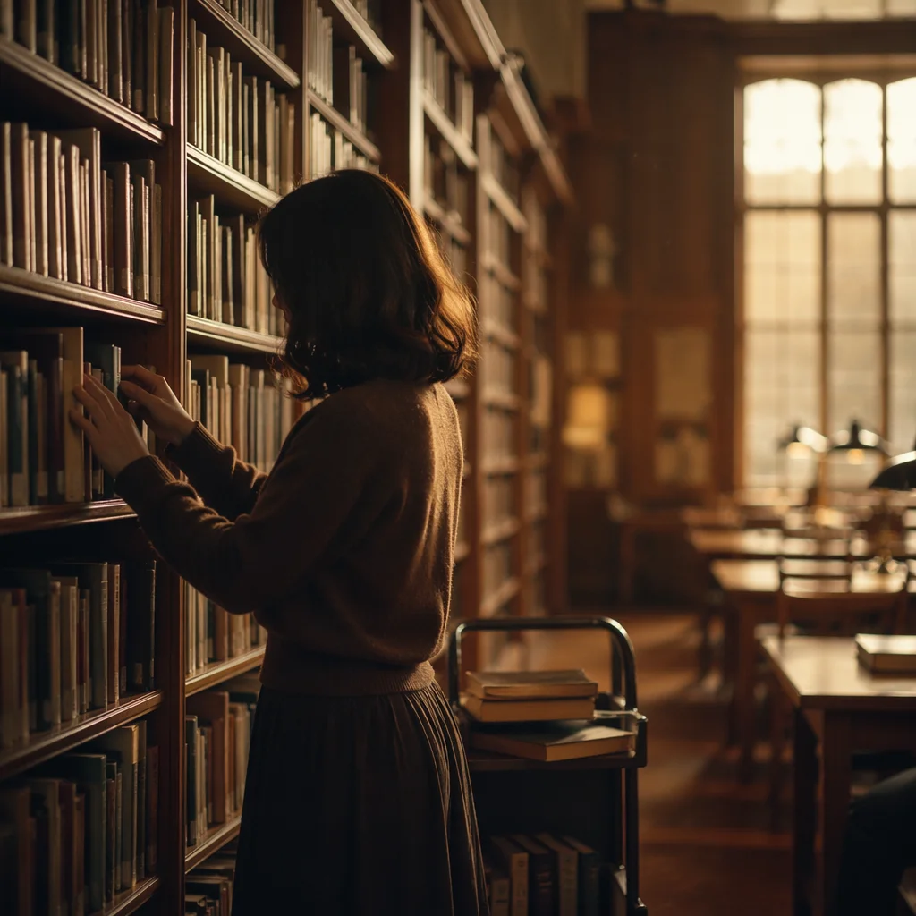 Librarian Organizing Books in Quiet Reading Room