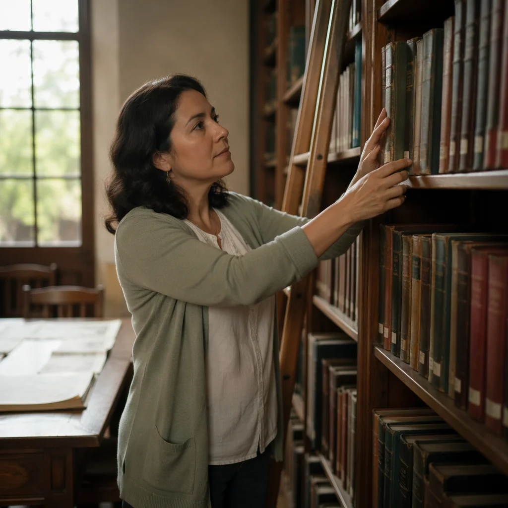 Librarian Organizing Books in Quiet Reading Room