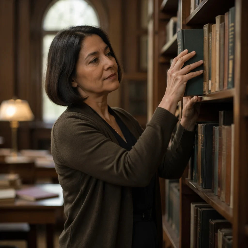Librarian Organizing Books in Quiet Reading Room