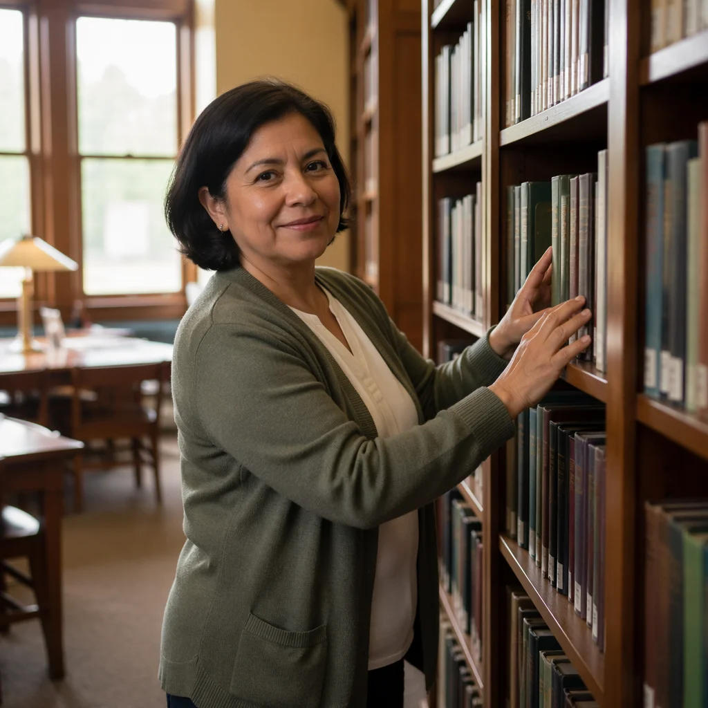 Librarian Organizing Books in Quiet Reading Room