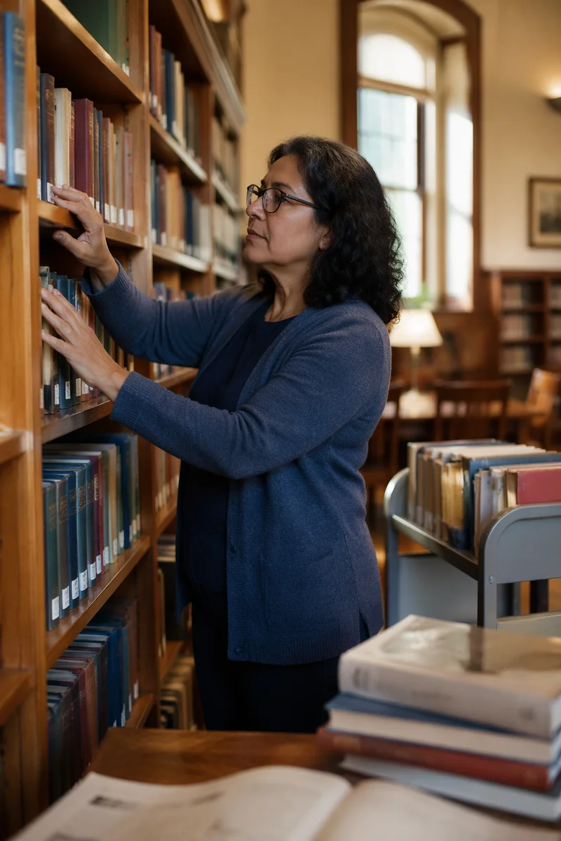 Librarian Organizing Books in Quiet Reading Room