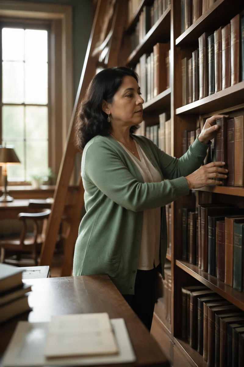 Librarian Organizing Books in Quiet Reading Room