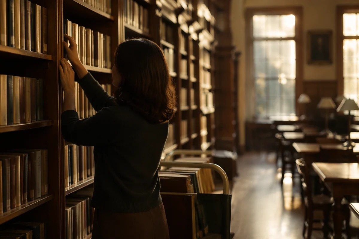 Quiet Librarian Arranging Books at Sunset