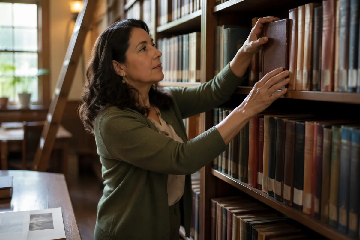 Librarian Organizing Books in Quiet Reading Room