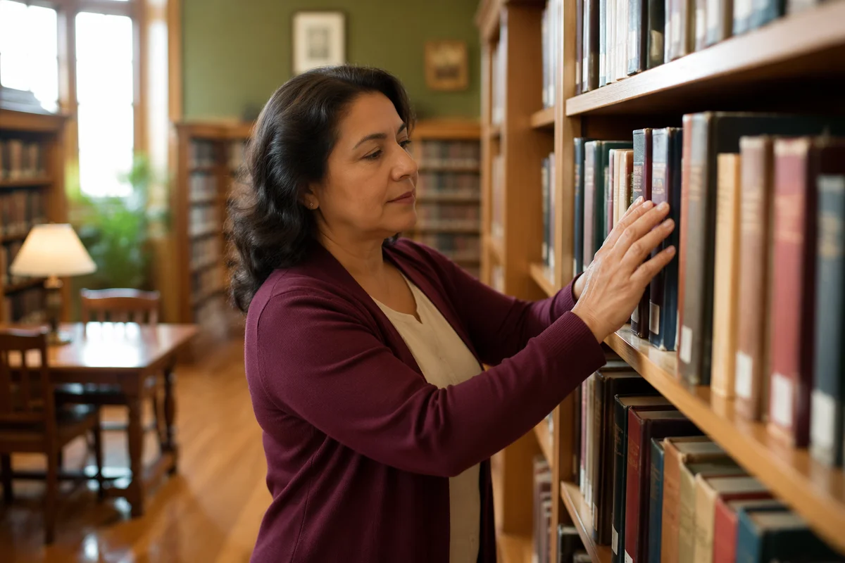 Librarian Organizing Books in Quiet Reading Room