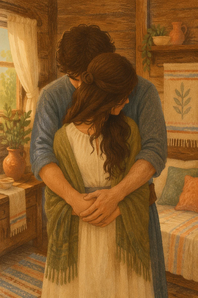 Warm Couple Embrace in Rustic Cabin