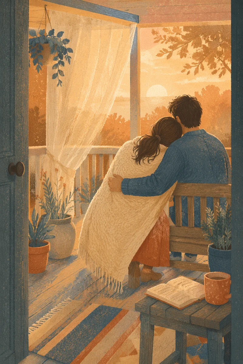Golden Hour Couple Embrace on Porch