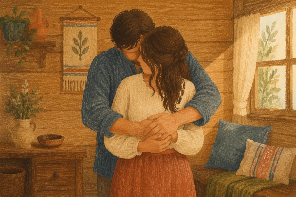 Warm Couple Embrace in Rustic Cabin