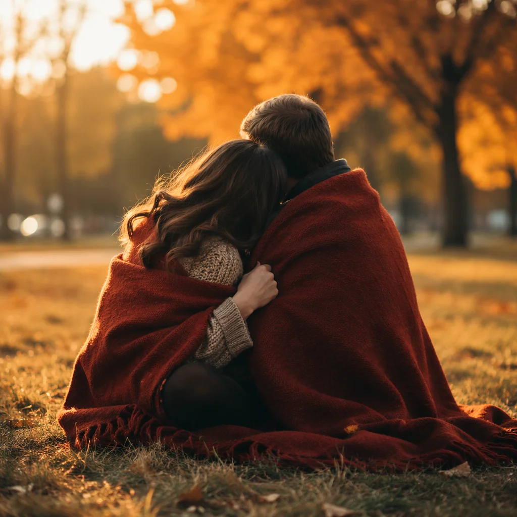 Warm Autumn Couple Embrace in Park