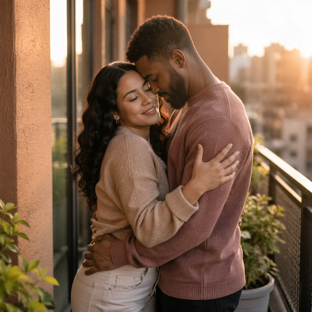 Romantic Couple Embracing at Golden Hour