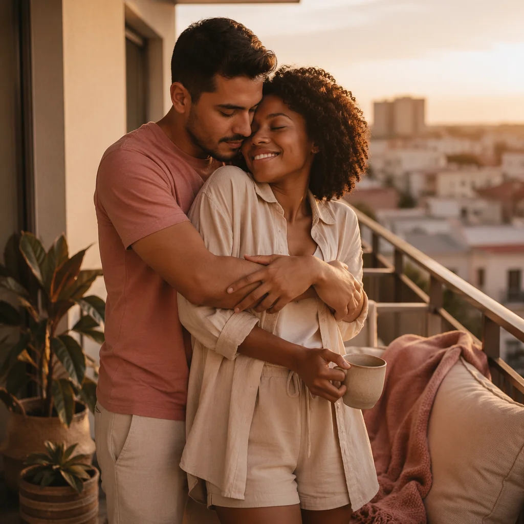 Young Couple Embracing on Balcony