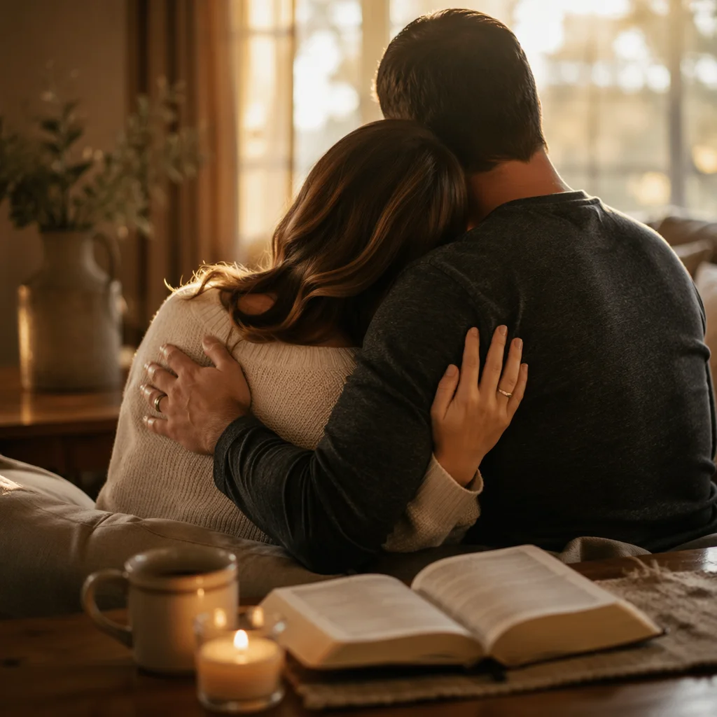 Prayerful Couple Embrace in Warm Living Room