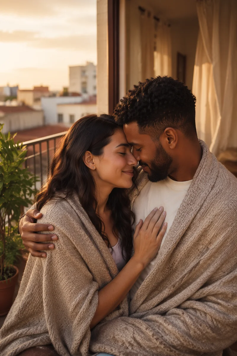 Interracial Couple Embracing on Balcony at Sunset