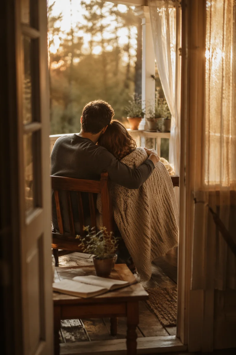 Golden Hour Couple Embrace on Quiet Porch