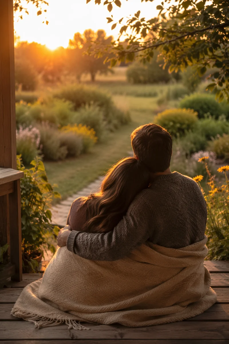 Golden Hour Couple Embrace on Porch