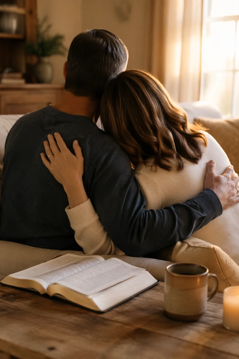 Prayerful Couple Embracing in Warm Living Room