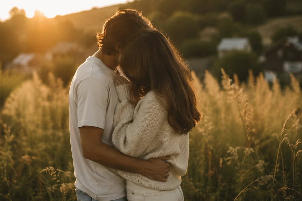 Romantic Couple Embrace at Golden Hour