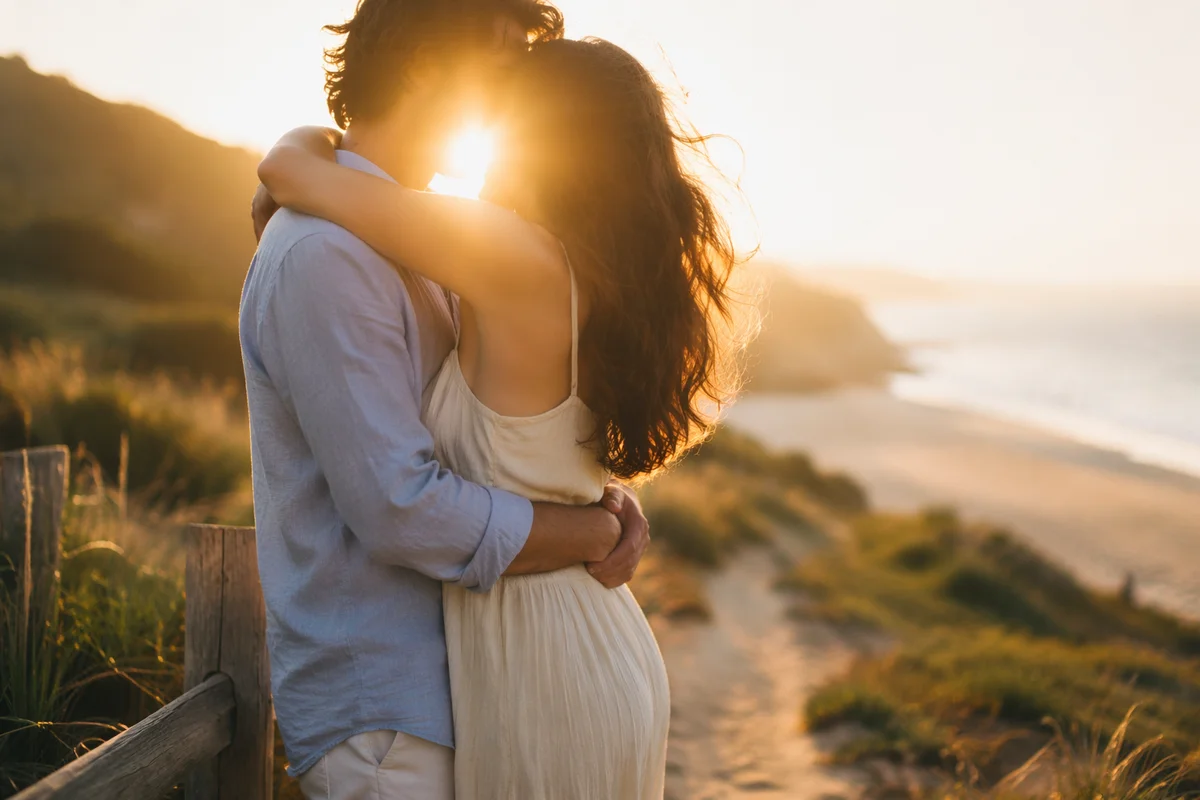 Romantic Coastal Embrace at Golden Hour